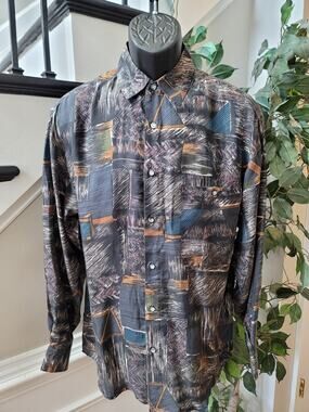 Santana Button Up Shirt Men's Size Medium Multicolor 100% Silk Geometric Print